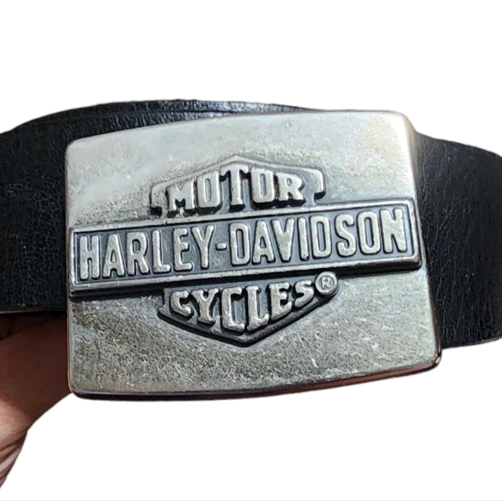 Vintage Harley Davidson Motorcycle Genuine Leather Belt Buckle Silver Black Bike
